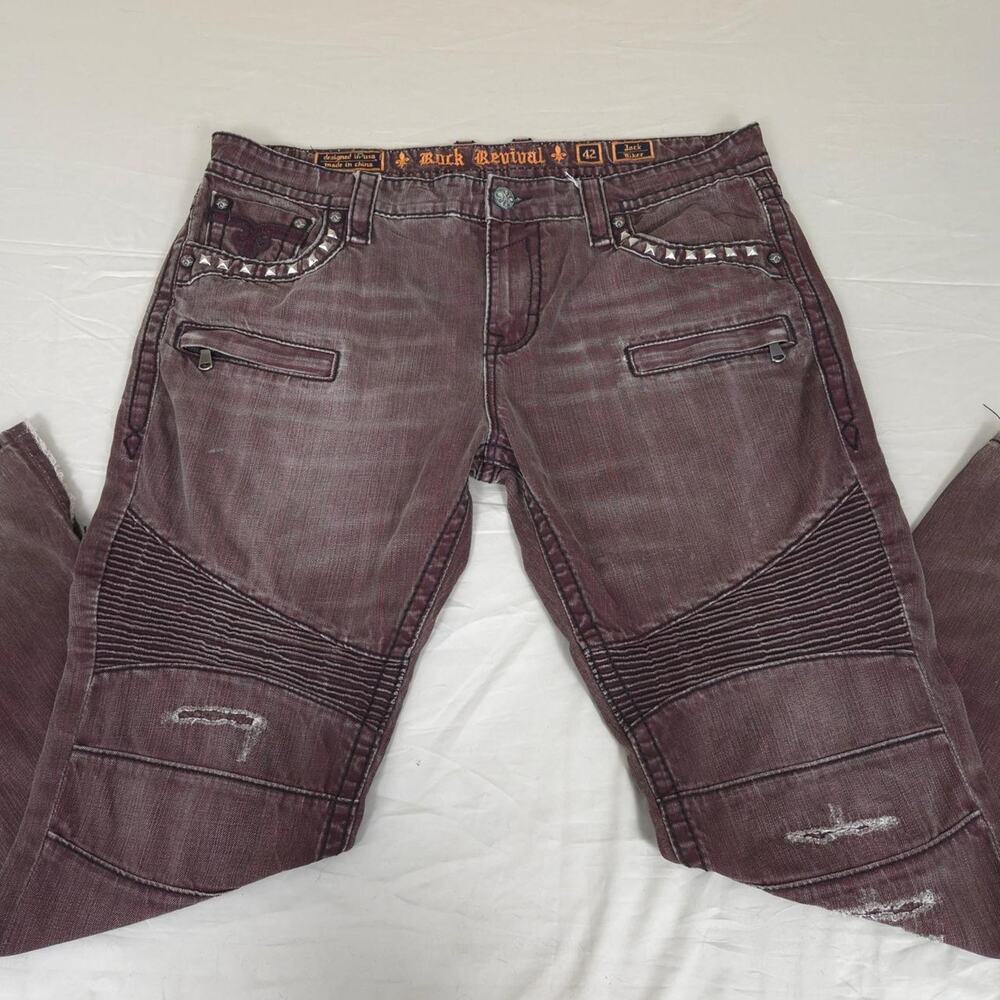 Rock Revival Mens Jack Biker Distressed Moto Jeans 42 Y2K Grunge Denim Burgundy